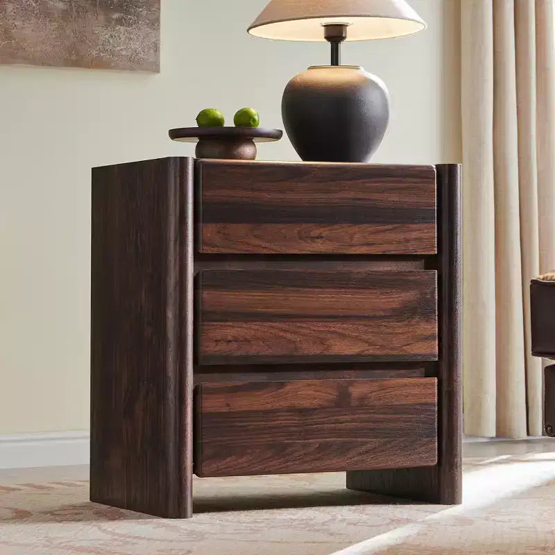 25 Tall Modern Nightstand with Charging Station & 3 Drawers, Rounded Corner Design, Wood Bedside Table for Bedroom & Living Room