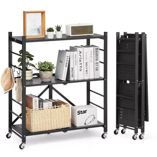 VEVOR 3-Tier Foldable Storage Shelf, 30W x 13D x 36H Inch Folding Metal Rack Shelving Unit, No Assembly Organizer Shelf with 5 Wheels & 4 Hooks,Black