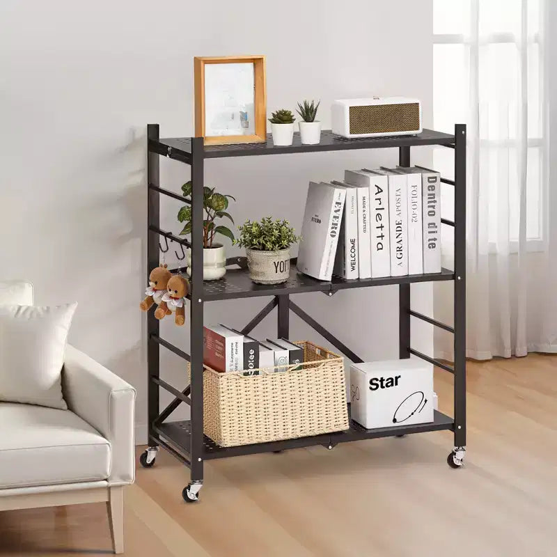 VEVOR 3-Tier Foldable Storage Shelf, 30W x 13D x 36H Inch Folding Metal Rack Shelving Unit, No Assembly Organizer Shelf with 5 Wheels & 4 Hooks,Black