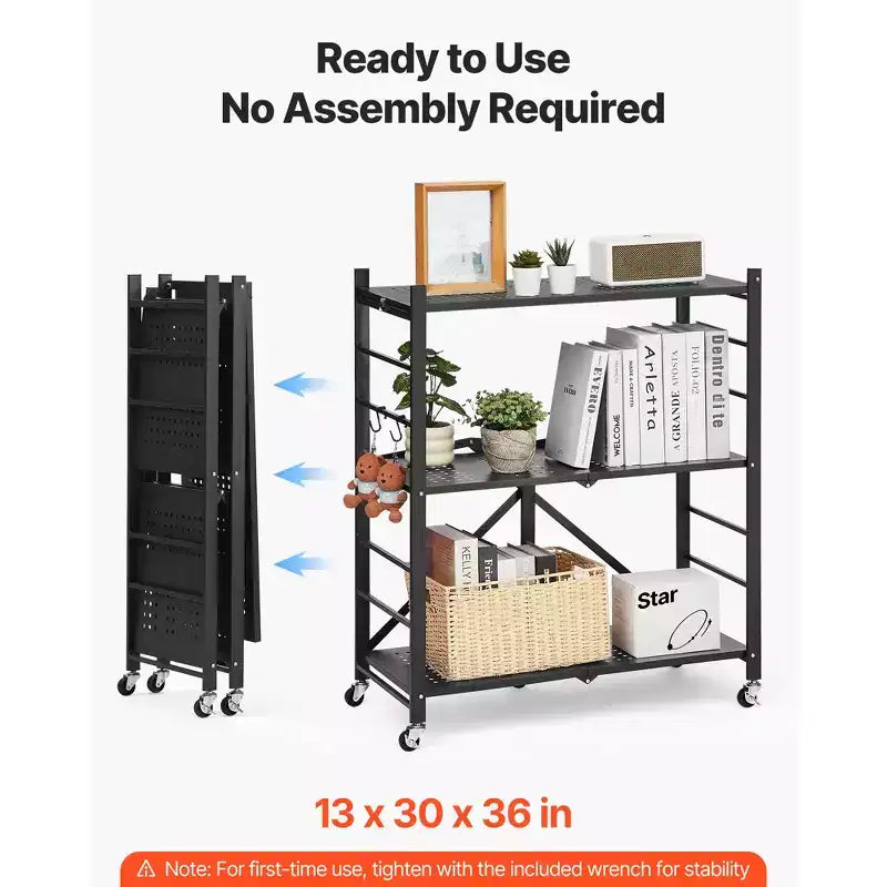VEVOR 3-Tier Foldable Storage Shelf, 30W x 13D x 36H Inch Folding Metal Rack Shelving Unit, No Assembly Organizer Shelf with 5 Wheels & 4 Hooks,Black