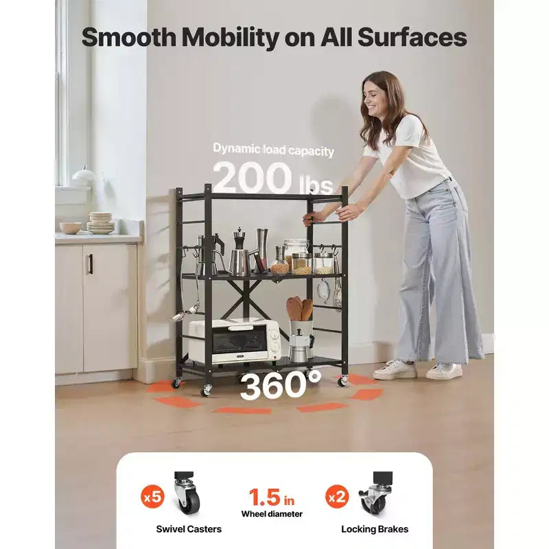 VEVOR 3-Tier Foldable Storage Shelf, 30W x 13D x 36H Inch Folding Metal Rack Shelving Unit, No Assembly Organizer Shelf with 5 Wheels & 4 Hooks,Black