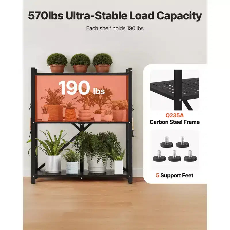 VEVOR 3-Tier Foldable Storage Shelf, 30W x 13D x 36H Inch Folding Metal Rack Shelving Unit, No Assembly Organizer Shelf with 5 Wheels & 4 Hooks,Black