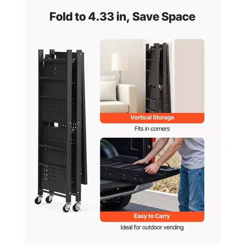 VEVOR 3-Tier Foldable Storage Shelf, 30W x 13D x 36H Inch Folding Metal Rack Shelving Unit, No Assembly Organizer Shelf with 5 Wheels & 4 Hooks,Black