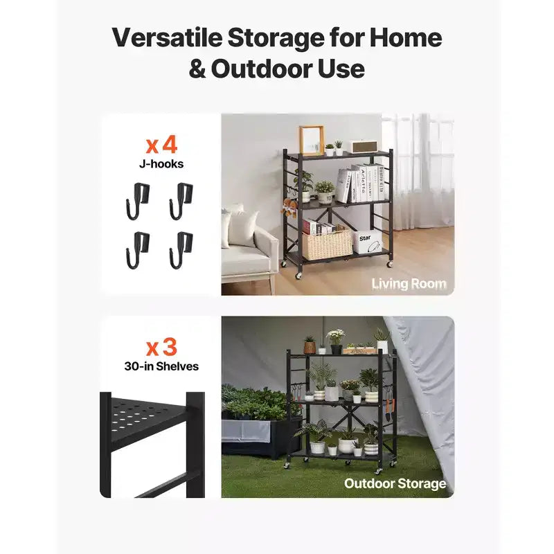 VEVOR 3-Tier Foldable Storage Shelf, 30W x 13D x 36H Inch Folding Metal Rack Shelving Unit, No Assembly Organizer Shelf with 5 Wheels & 4 Hooks,Black