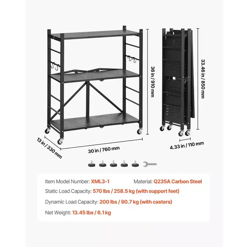 VEVOR 3-Tier Foldable Storage Shelf, 30W x 13D x 36H Inch Folding Metal Rack Shelving Unit, No Assembly Organizer Shelf with 5 Wheels & 4 Hooks,Black