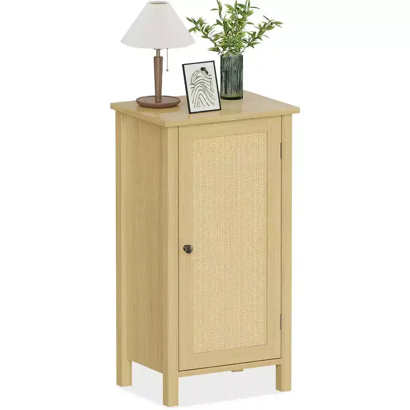 Farmhouse Nightstand with Rattan Door, Natural Accent End Table with Storage - Compact Modern Bedside Table with Wood Legs, Easy Assembly for Bedroom