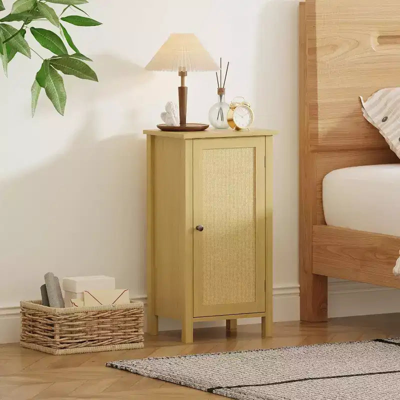 Farmhouse Nightstand with Rattan Door, Natural Accent End Table with Storage - Compact Modern Bedside Table with Wood Legs, Easy Assembly for Bedroom