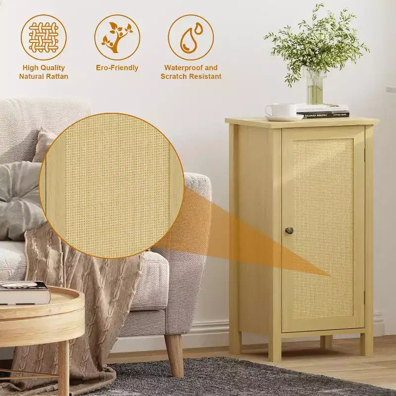 Farmhouse Nightstand with Rattan Door, Natural Accent End Table with Storage - Compact Modern Bedside Table with Wood Legs, Easy Assembly for Bedroom