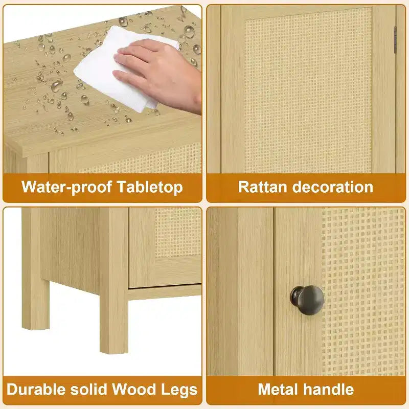 Farmhouse Nightstand with Rattan Door, Natural Accent End Table with Storage - Compact Modern Bedside Table with Wood Legs, Easy Assembly for Bedroom
