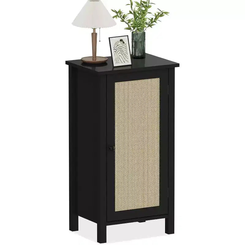 Farmhouse Nightstand with Rattan Door, Natural Accent End Table with Storage - Compact Modern Bedside Table with Wood Legs, Easy Assembly for Bedroom