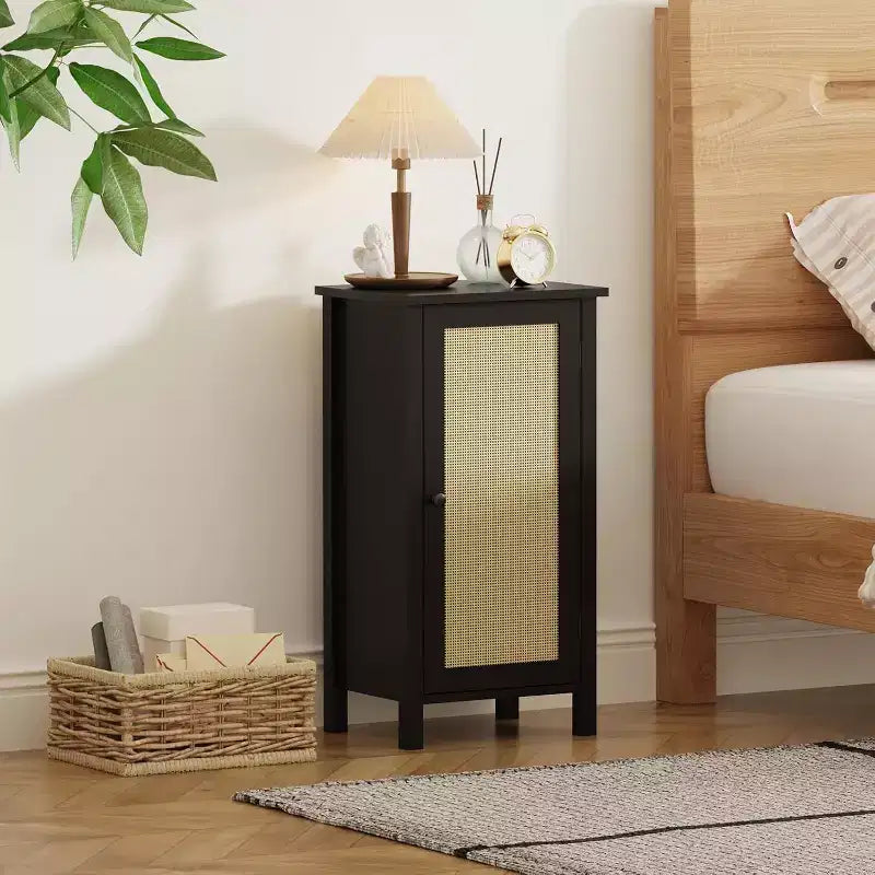 Farmhouse Nightstand with Rattan Door, Natural Accent End Table with Storage - Compact Modern Bedside Table with Wood Legs, Easy Assembly for Bedroom