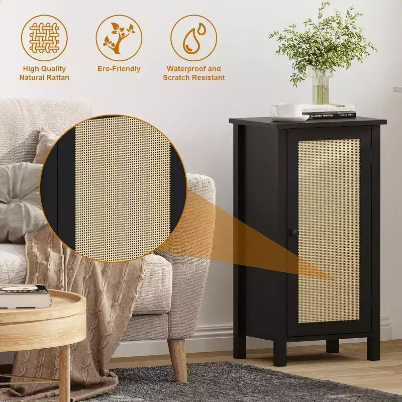 Farmhouse Nightstand with Rattan Door, Natural Accent End Table with Storage - Compact Modern Bedside Table with Wood Legs, Easy Assembly for Bedroom