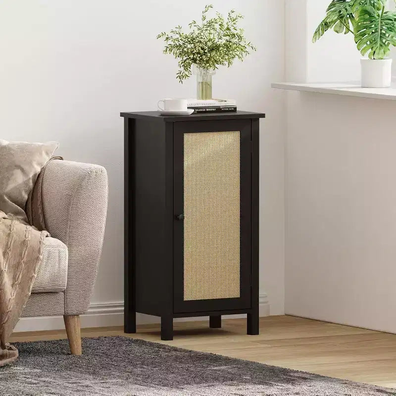 Farmhouse Nightstand with Rattan Door, Natural Accent End Table with Storage - Compact Modern Bedside Table with Wood Legs, Easy Assembly for Bedroom