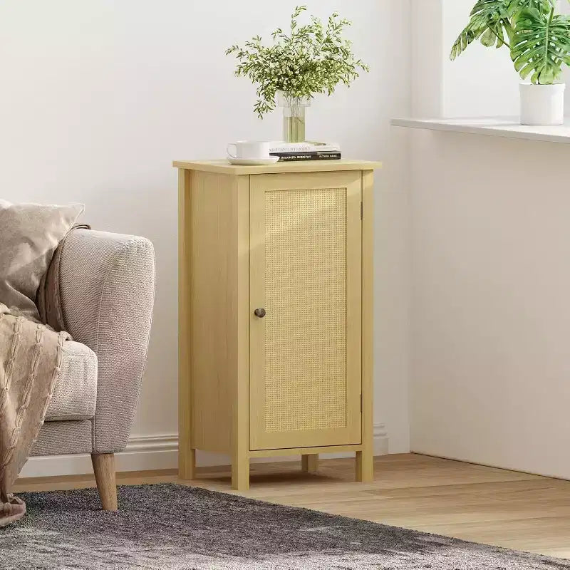 Farmhouse Nightstand with Rattan Door, Natural Accent End Table with Storage - Compact Modern Bedside Table with Wood Legs, Easy Assembly for Bedroom