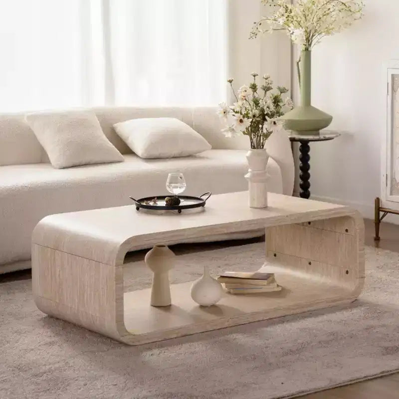 Light Wood Racetrack-Shaped Coffee Table with Open Storage Shelf for Contemporary Spaces