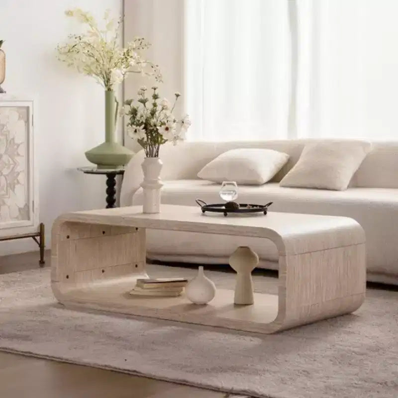 Light Wood Racetrack-Shaped Coffee Table with Open Storage Shelf for Contemporary Spaces