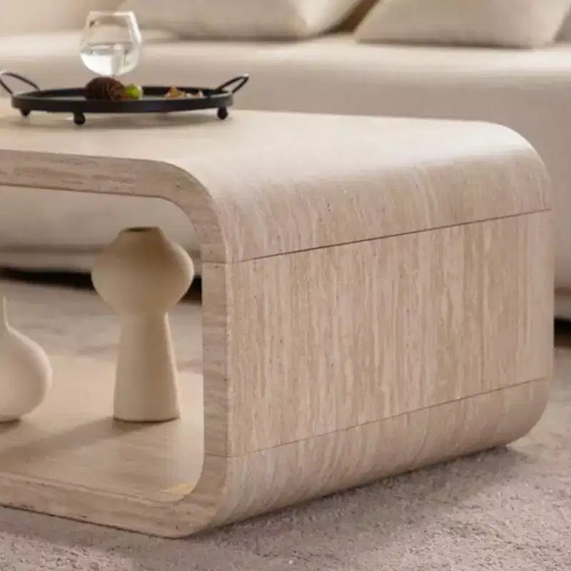 Light Wood Racetrack-Shaped Coffee Table with Open Storage Shelf for Contemporary Spaces