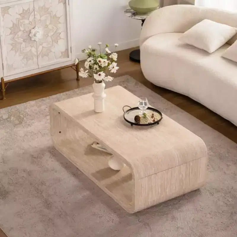 Light Wood Racetrack-Shaped Coffee Table with Open Storage Shelf for Contemporary Spaces