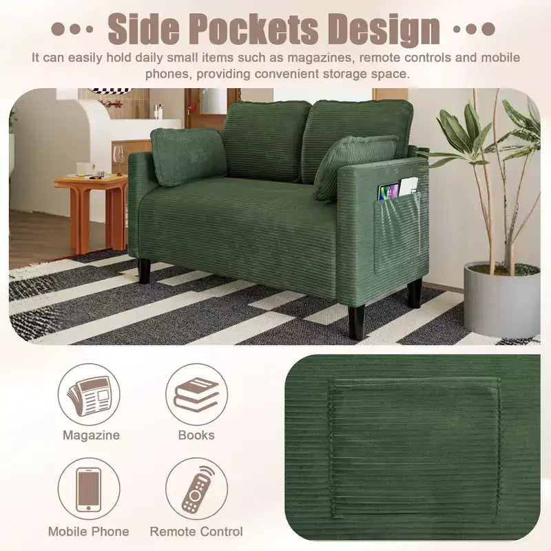 48in Corduroy Loveseat Sofa with Storage Pocket, Sturdy Wood Frame and High Resilience Cushions for Living Room, Apartment, Dorm, Bedroom, Balcony