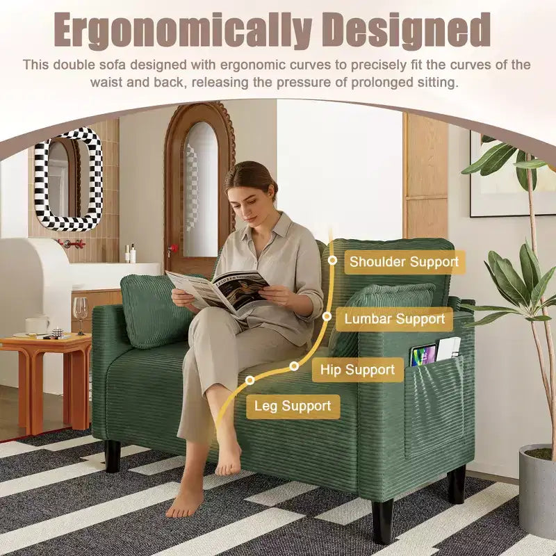 48in Corduroy Loveseat Sofa with Storage Pocket, Sturdy Wood Frame and High Resilience Cushions for Living Room, Apartment, Dorm, Bedroom, Balcony
