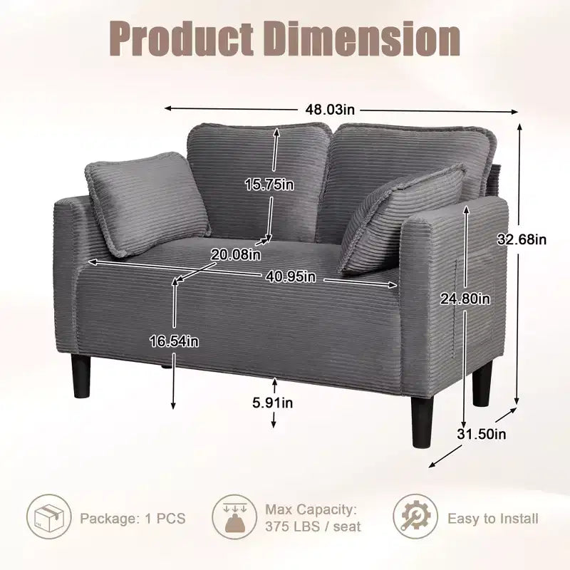 48in Corduroy Loveseat Sofa with Storage Pocket, Sturdy Wood Frame and High Resilience Cushions for Living Room, Apartment, Dorm, Bedroom, Balcony