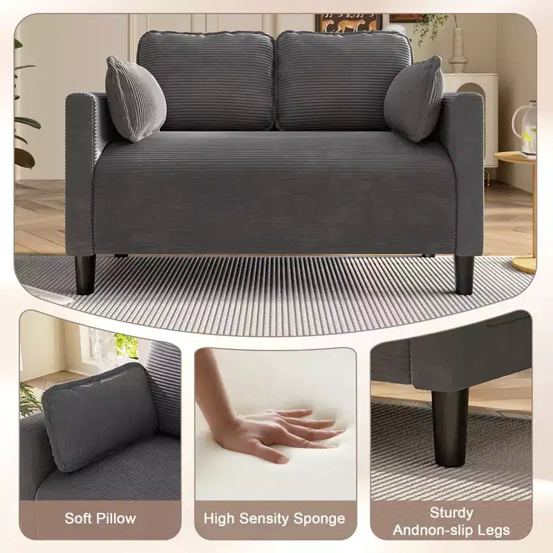 48in Corduroy Loveseat Sofa with Storage Pocket, Sturdy Wood Frame and High Resilience Cushions for Living Room, Apartment, Dorm, Bedroom, Balcony