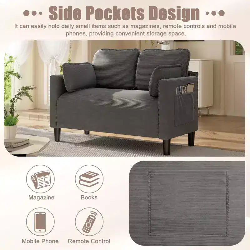 48in Corduroy Loveseat Sofa with Storage Pocket, Sturdy Wood Frame and High Resilience Cushions for Living Room, Apartment, Dorm, Bedroom, Balcony