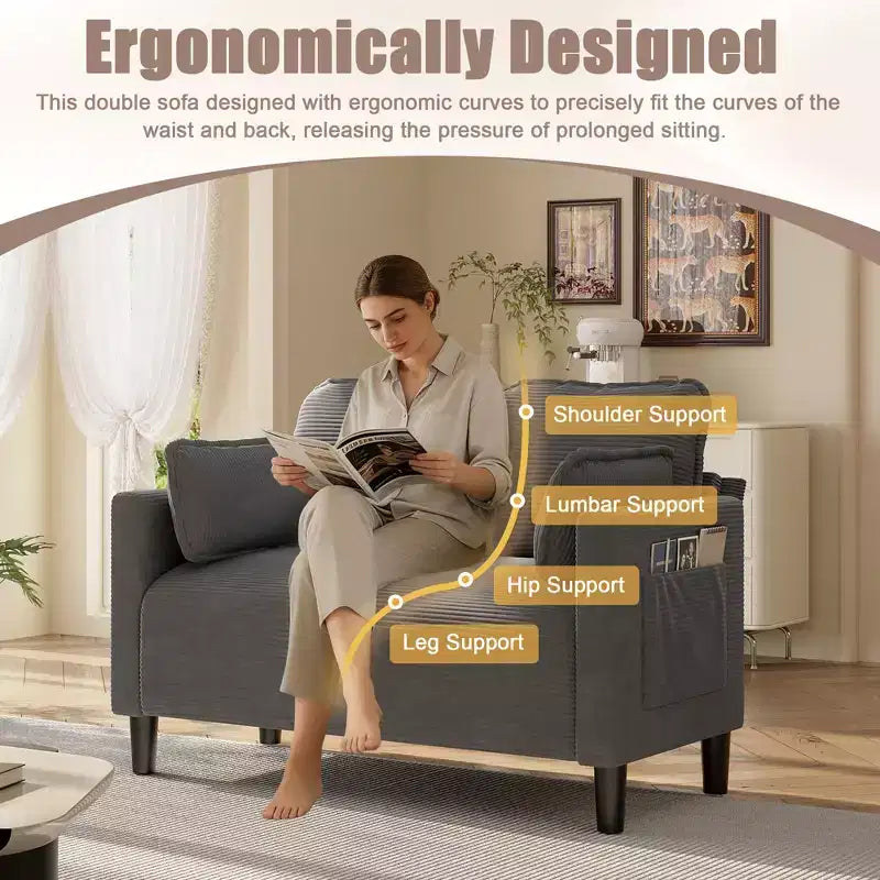 48in Corduroy Loveseat Sofa with Storage Pocket, Sturdy Wood Frame and High Resilience Cushions for Living Room, Apartment, Dorm, Bedroom, Balcony