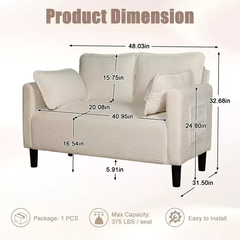 48in Corduroy Loveseat Sofa with Storage Pocket, Sturdy Wood Frame and High Resilience Cushions for Living Room, Apartment, Dorm, Bedroom, Balcony