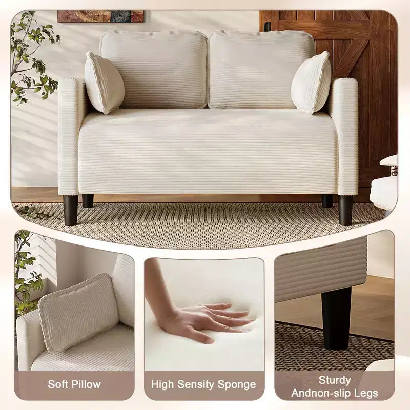 48in Corduroy Loveseat Sofa with Storage Pocket, Sturdy Wood Frame and High Resilience Cushions for Living Room, Apartment, Dorm, Bedroom, Balcony