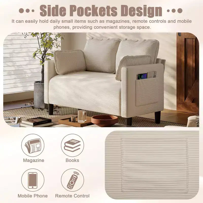 48in Corduroy Loveseat Sofa with Storage Pocket, Sturdy Wood Frame and High Resilience Cushions for Living Room, Apartment, Dorm, Bedroom, Balcony