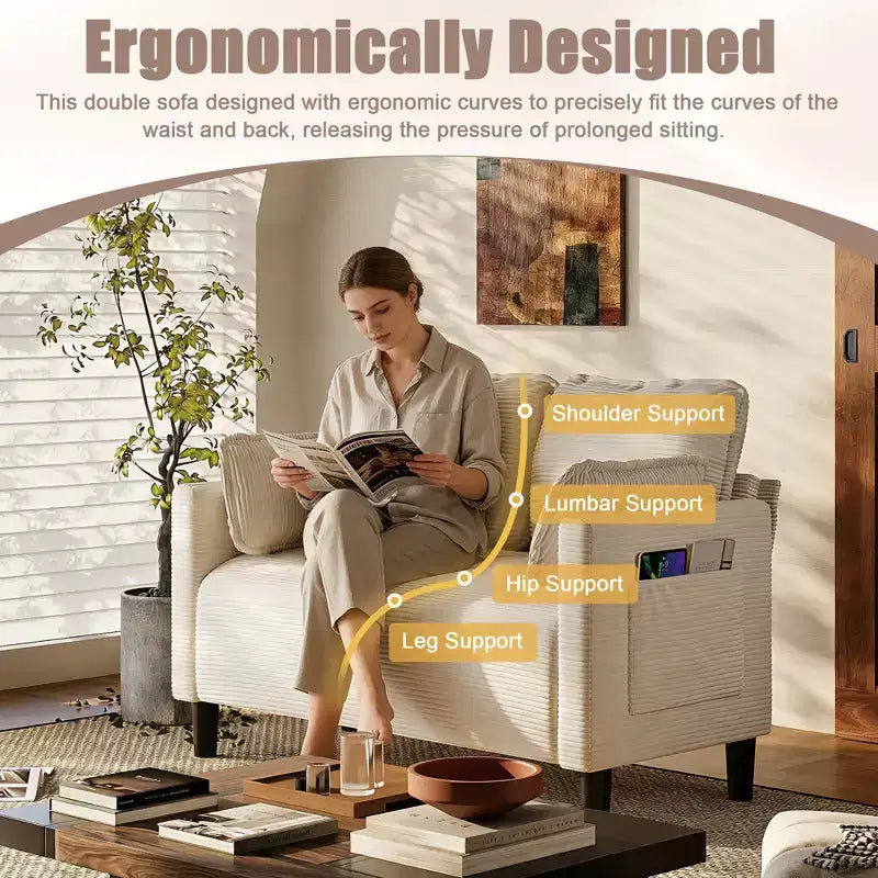48in Corduroy Loveseat Sofa with Storage Pocket, Sturdy Wood Frame and High Resilience Cushions for Living Room, Apartment, Dorm, Bedroom, Balcony