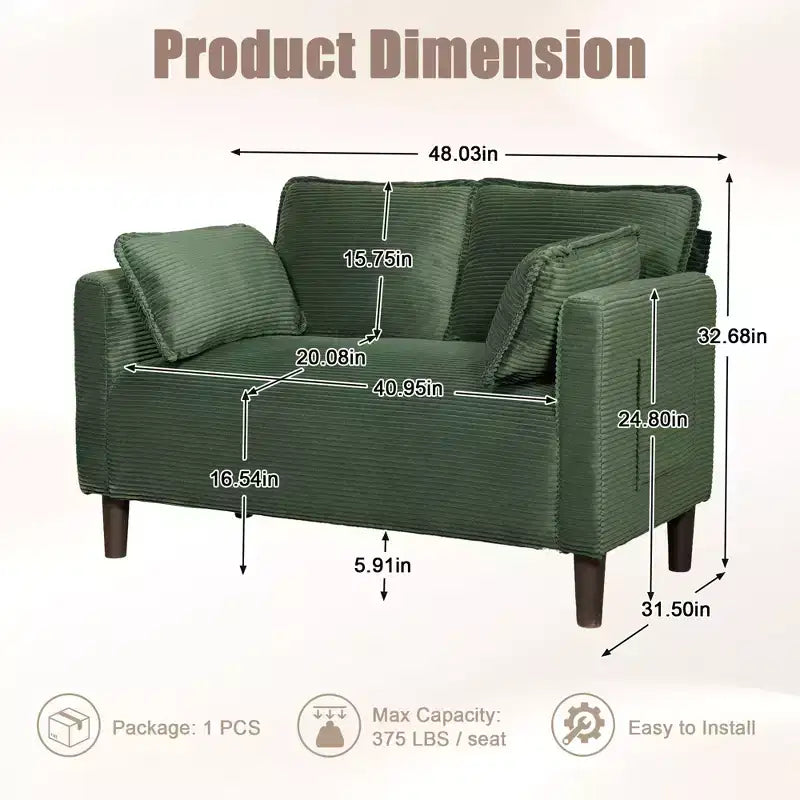 48in Corduroy Loveseat Sofa with Storage Pocket, Sturdy Wood Frame and High Resilience Cushions for Living Room, Apartment, Dorm, Bedroom, Balcony