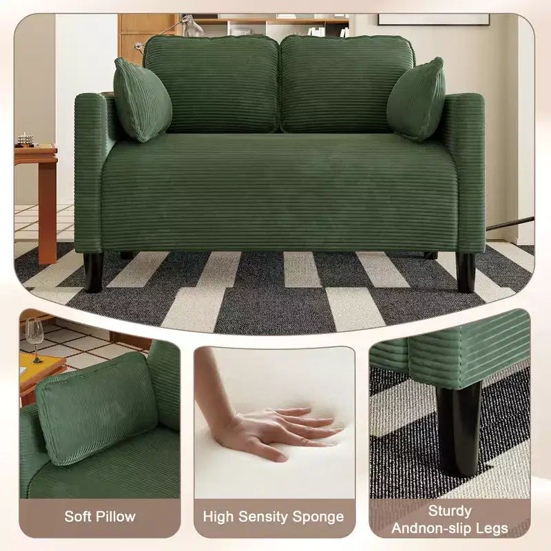 48in Corduroy Loveseat Sofa with Storage Pocket, Sturdy Wood Frame and High Resilience Cushions for Living Room, Apartment, Dorm, Bedroom, Balcony