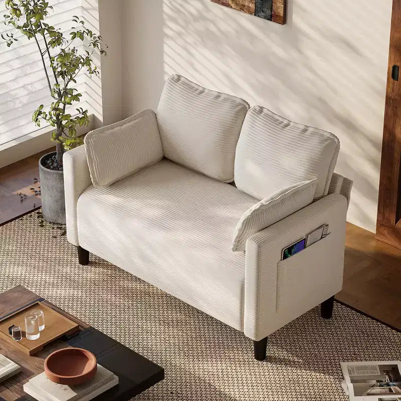 48in Corduroy Loveseat Sofa with Storage Pocket, Sturdy Wood Frame and High Resilience Cushions for Living Room, Apartment, Dorm, Bedroom, Balcony