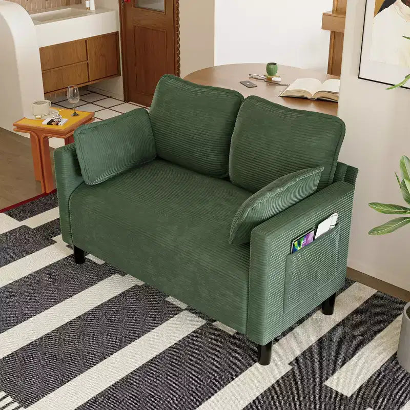 48in Corduroy Loveseat Sofa with Storage Pocket, Sturdy Wood Frame and High Resilience Cushions for Living Room, Apartment, Dorm, Bedroom, Balcony