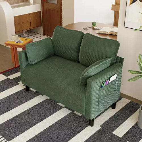 48in Corduroy Loveseat Sofa with Storage Pocket, Sturdy Wood Frame and High Resilience Cushions for Living Room, Apartment, Dorm, Bedroom, Balcony
