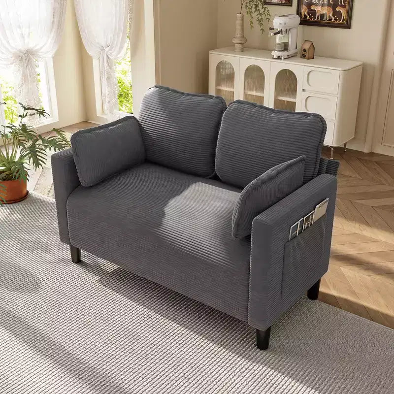 48in Corduroy Loveseat Sofa with Storage Pocket, Sturdy Wood Frame and High Resilience Cushions for Living Room, Apartment, Dorm, Bedroom, Balcony