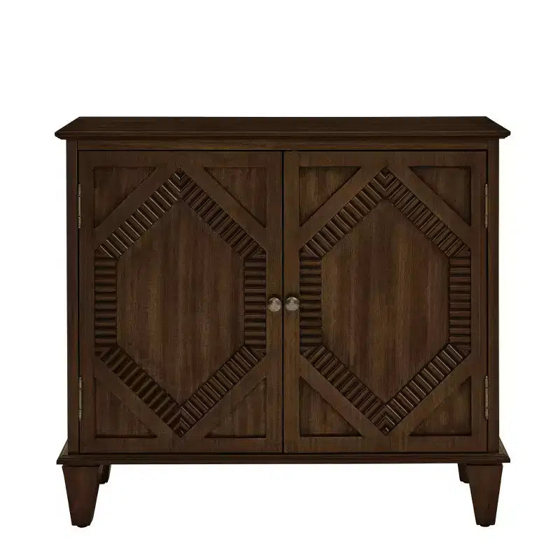 HomeRoots 34 Brown Wood Carved Geometric Accent Cabinet With Two Doors