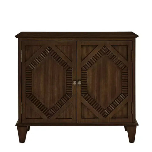 HomeRoots 34 Brown Wood Carved Geometric Accent Cabinet With Two Doors