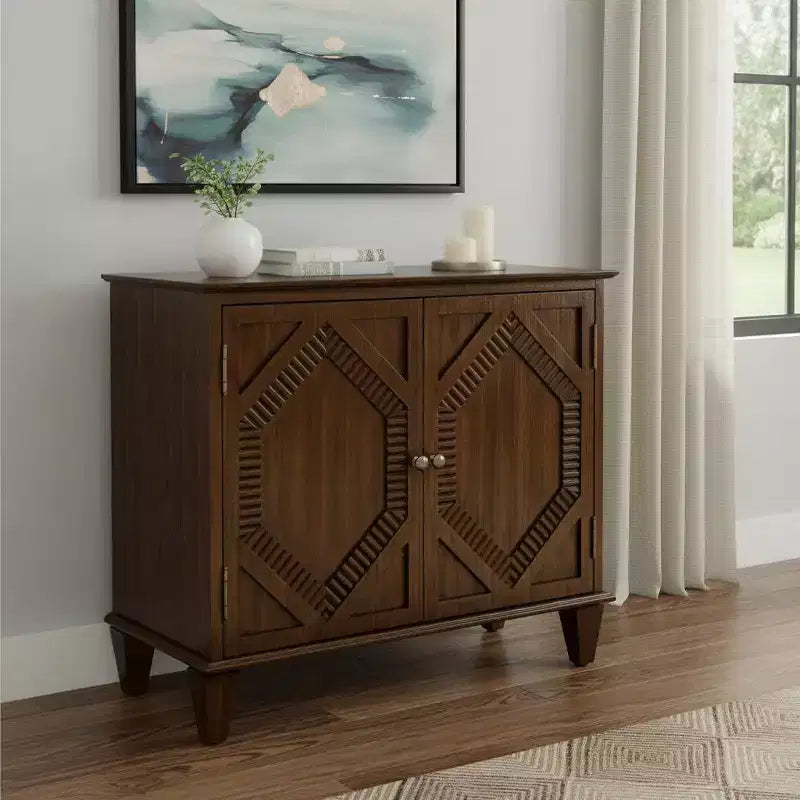 HomeRoots 34 Brown Wood Carved Geometric Accent Cabinet With Two Doors