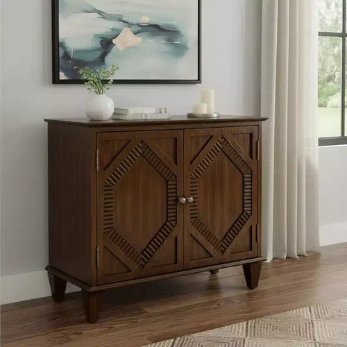 HomeRoots 34 Brown Wood Carved Geometric Accent Cabinet With Two Doors