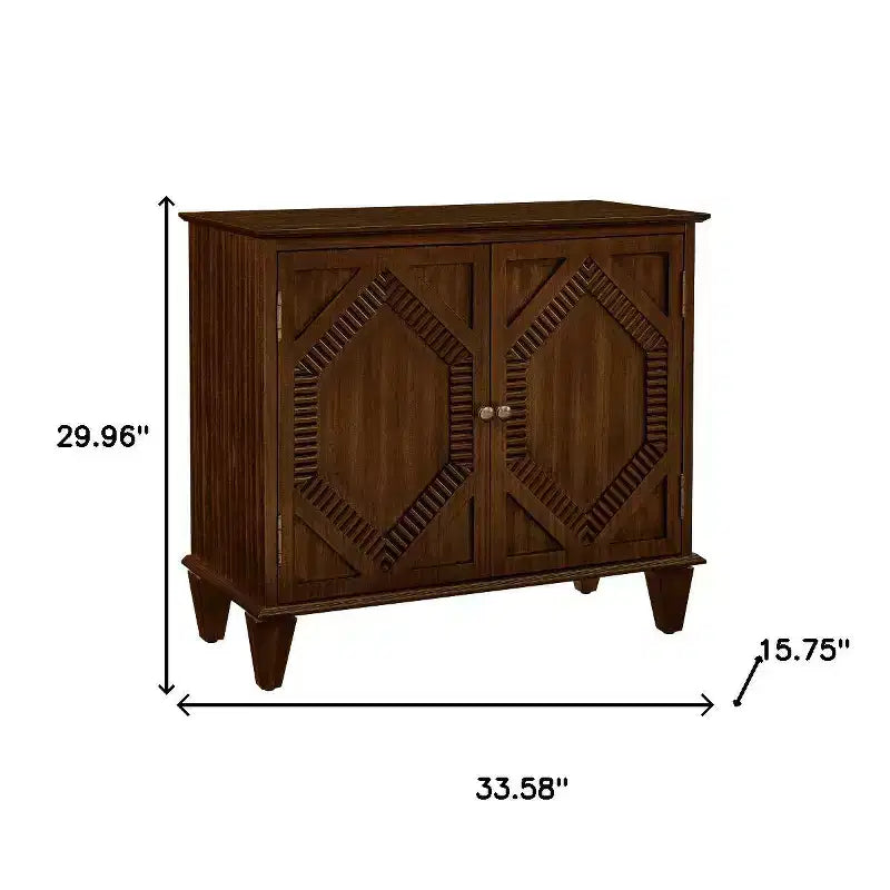 HomeRoots 34 Brown Wood Carved Geometric Accent Cabinet With Two Doors