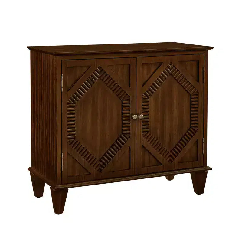 HomeRoots 34 Brown Wood Carved Geometric Accent Cabinet With Two Doors