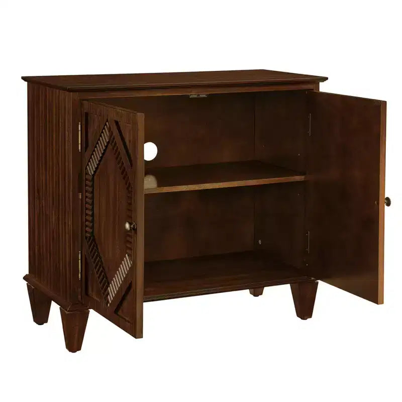HomeRoots 34 Brown Wood Carved Geometric Accent Cabinet With Two Doors