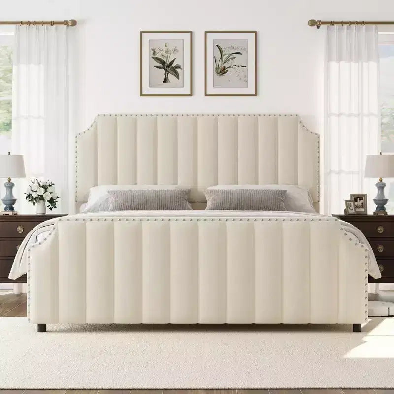 California King Upholstered Platform Bed Frame with Headboard Footboard and Wooden Slats No Box Spring Required