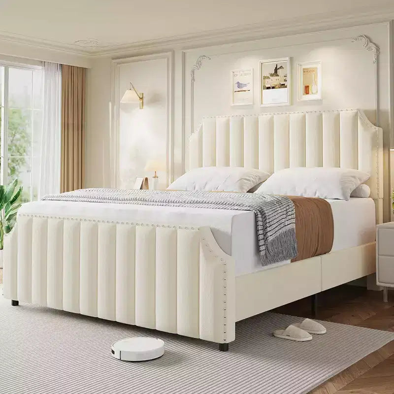California King Upholstered Platform Bed Frame with Headboard Footboard and Wooden Slats No Box Spring Required