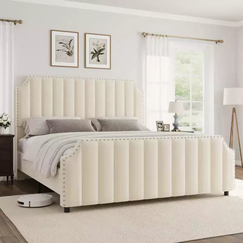 California King Upholstered Platform Bed Frame with Headboard Footboard and Wooden Slats No Box Spring Required