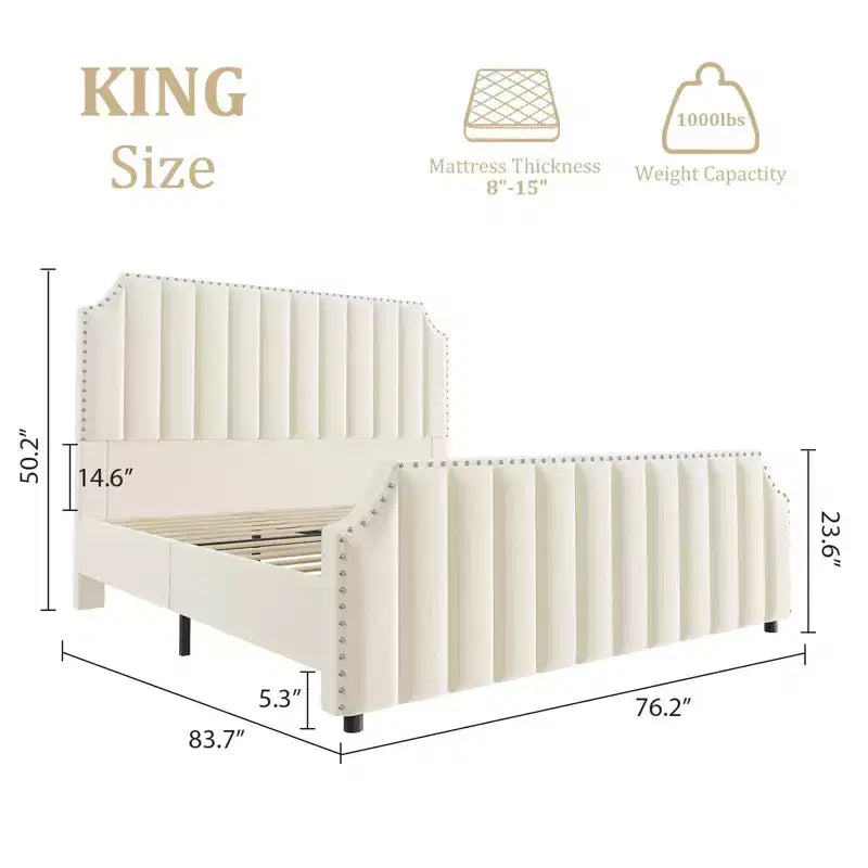 California King Upholstered Platform Bed Frame with Headboard Footboard and Wooden Slats No Box Spring Required