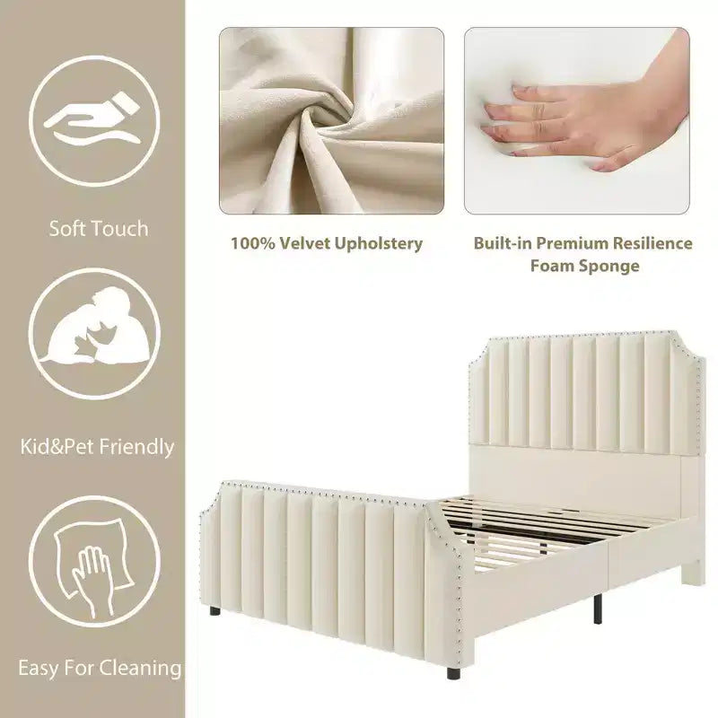 California King Upholstered Platform Bed Frame with Headboard Footboard and Wooden Slats No Box Spring Required